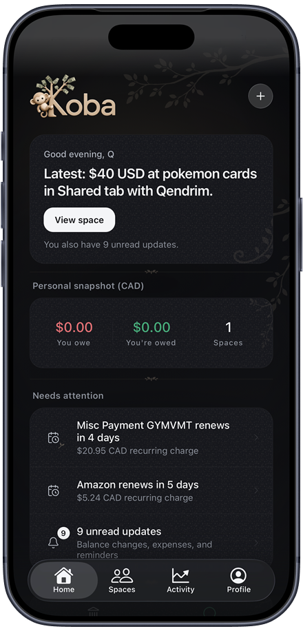The Koba Home screen with balances, a personal snapshot, and items needing attention