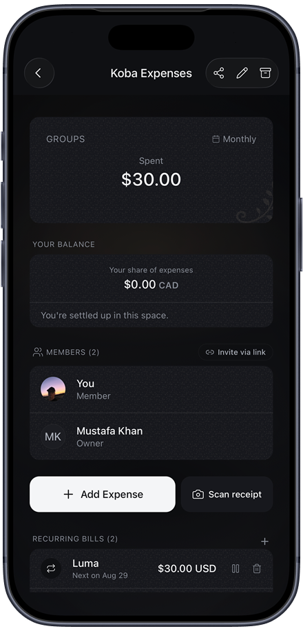 A Koba space with total spent, your balance, and members