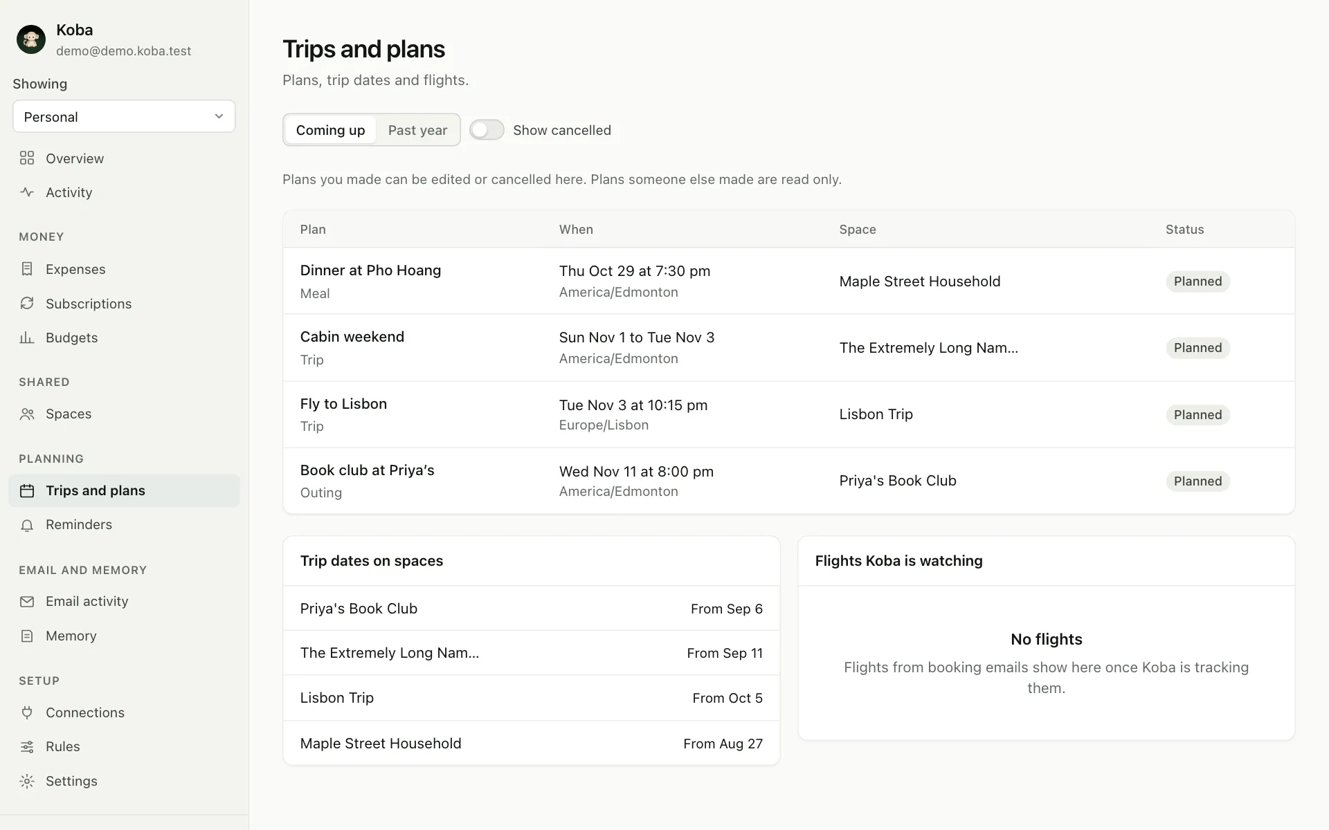 The Koba web dashboard with example data: the Trips and plans page, with upcoming plans, trip dates on each space and the flights Koba is watching